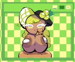 1boy 1boy1girl 1girls big_penis black_hat breasts computer_screen cookie cookie_run cookie_run_ovenbreak cubesmolly faceless_character faceless_male female female_focus food food_creature food_humanoid green_eyes green_hair hat huge_breasts large_breasts long_hat penis penis_between_breasts pixel_art pleasure pleasure_face pleasured pleasured_face sex shine_muscat_cookie smiling smug smug_face