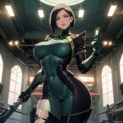 ai_generated big_breasts black_hair bodysuit cixf fit_female green_bodysuit green_eyes huge_breasts nipples nipples_visible_through_clothing riot_games thick_thighs valorant viper_(valorant) wide_hips