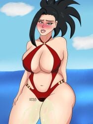 1girls black_hair blueartfiend blush boku_no_hero_academia breasts embarrassed huge_boobs huge_breasts large_breasts momo_yaoyorozu my_hero_academia omorashi peeing peeing_self red_swimsuit swimsuit thick_thighs urinating_female urine urine_on_legs urine_stream wetting wetting_self