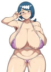 1girls armpit_hair belly big_breasts bikini blue_eyes blue_hair blush breasts female female_armpit_hair freckles hair_ornament hairy_armpits hi_res highres intruder_(1391685345) lana's_mother_(pokemon) mature_female milf nintendo pokemon pokemon_sm purple_bikini ring tied_hair v white_background wide_hips