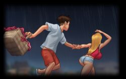 1boy 1girls 2d ass big_ass big_breasts black_border blonde_hair blonde_hair booty_shorts bottomwear bra breasts clothed clothing cloud clouds darkcookie digital_drawing_(artwork) digital_media_(artwork) duo ear_piercing earrings female grabbing_partner grass grass_field holding_hands light-skinned_female light-skinned_male light_skin long_hair main_character_(summertime_saga) male male/female outdoors outside picnic_basket piercing piercings rain raining roxxy_(summertime_saga) running shirt shorts sitting sky standing storm summertime_saga tank_top thick_ass topwear