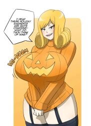 1girls big_breasts blonde_female blonde_hair blonde_hair_female blush bouncing_breasts breasts brown_eyes curled_hair garter_straps halloween halloween_costume halloween_pumpkin huge_breasts kobi-tfs kobi94 large_breasts long_hair onomatopoeia open_mouth orange_background orange_sweater orange_theme red_eyes seductive seductive_eyes seductive_look seductive_smile shaking_breasts simple_background sound_effect speech speech_bubble stockings sweater text