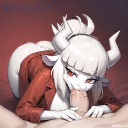 ai_generated anthro bangs caprine caucasian_male fellatio furry goat goat_lucifer_(helltaker) helltaker horns human_on_anthro interspecies lazy lucifer_(helltaker) mammal pubic_hair r.ai.ven red_background red_clothing red_eyes stable_diffusion stupid trash ugly white_fur white_hair