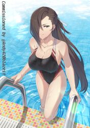 1girls alternate_costume bare_shoulders black_one-piece_swimsuit black_swimsuit braid breasts brown_eyes brown_hair cleavage commission day female female_only fire_emblem fire_emblem_fates getting_out_of_pool hair_over_one_eye hair_ribbon highleg highleg_swimsuit highres kagero_(fire_emblem) large_breasts long_hair looking_at_viewer mzrz nintendo one-piece_swimsuit outdoors ponytail pool pool_ladder poolside ribbon smile solo swimsuit tile_floor tiles very_long_hair water wet