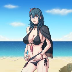 1girls 4thanysc alternate_costume beach bikini black_bikini black_swimsuit breasts byleth_(female)_(summer)_(fire_emblem) byleth_(fire_emblem) byleth_(fire_emblem)_(female) cape cleavage female female_only fire_emblem fire_emblem:_three_houses fire_emblem_heroes hibiscus medium_hair navel nintendo official_alternate_costume sokloeum solo swimsuit teal_hair