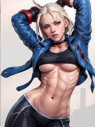 1girls abs ai_generated arm_guards arms_behind_head black_choker black_leggings blonde_hair blue_eyes blue_jacket cammy_white capcom choker female hip_bones jacket looking_at_viewer navel pinup scar_on_cheek scar_on_face short_hair solo stable_diffusion street_fighter street_fighter_6 tagme toned toned_body toned_female toned_stomach underboob white_background