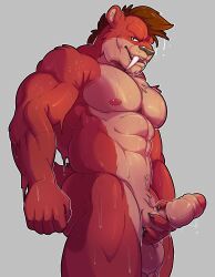 2017 abs anthro balls biceps brown_hair claws deltoids ezro_(sam_scribbles) fangs felid finger_claws fur genitals hair hi_res humanoid_genitalia humanoid_penis looking_at_viewer machairodontine male mammal muscular_thighs nipples orange_body orange_fur pecs penis penis_grab sabertooth_(anatomy) sam_scribbles solo standing teeth tehknuxlight water wet wet_body wet_fur wet_hair