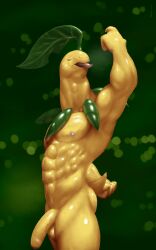 10:16 5_fingers abs absurd_res anthro ass balls barely_visible_balls barely_visible_genitalia barely_visible_penis bayleaf bayleef biceps black_clothing black_jockstrap black_underwear bodily_fluids claws clothing derek_(tjloog) fingers fist foreskin generation_2_pokemon genitals green_background hi_res jockstrap leaf male mostly_nude muscular muscular_anthro muscular_male nintendo nipples pecs penis pokemon pokemon_(species) red_eyes scales simple_background solo sweat sweaty_clothing tjloog underwear vein veiny_penis yellow_body yellow_scales