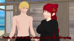 1boy 1girls animated areolae beach big_breasts breasts cinder_fall fellatio jaune_arc neo_(rwby) nipples no_sound paizuri pyrrha_nikos riding rwby stolen_swimsuit subtitled swimming_trunks swimsuit tagme theblackbirdcalls video