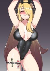 1girls alternate_costume animal_ears armpits arms_up bare_legs black_hairband black_leotard blonde_hair blush breasts cleavage condom condom_packet_strip condom_wrapper cynthia_(pokemon) fake_animal_ears female grey_eyes hair_ornament hair_over_one_eye hairband highleg highleg_leotard large_breasts leotard long_hair looking_at_viewer mole mole_on_breast money parted_lips playboy_bunny pokemon pokemon_dppt rabbit_ears solo stripper_pole tetsu_chokoreto thigh_strap thighs very_long_hair wide_hips