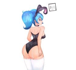 1girls ass bellez blue_eyes blue_hair breasts bunnysuit clothed clothed_female clothing evie_(paladins) female female_only from_behind hi-rez_studios legwear looking_back medium_breasts paladins solo solo_female thighhighs watermark white_legwear