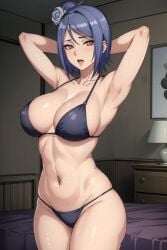 ai_generated armpits arms_behind_head arms_up bare_legs bare_shoulders bare_thighs bedroom big_breasts blue_hair bra breasts cleavage curvaceous female female_only flower flower_in_hair hair_ornament indoors konan legs_together lipstick looking_at_viewer makeup midriff nai_diffusion naruto naruto_(series) naruto_shippuden navel navel_piercing open_mouth orange_eyes panties piercing pinup shoulder_length_hair solo soly_luna stable_diffusion thick_thighs thighs underwear underwear_only voluptuous wide_hips