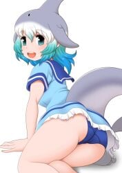 1female 1girls ass bagua_zhang big_breasts blowhole blue_eyes blue_hair blue_panties blue_pants blush cetacean cetacean_tail common_bottlenose_dolphin_(kemono_friends) crotch_seam dolphin dolphin_girl dorsal_fin dress female female_only fin fins fish fish_girl fish_humanoid fish_tail flat_ass frills girl girl_only gradient_hair gray_hair grey_hair head_fin head_fins kemono_friends light-skinned light-skinned_female light_skin looking_at_viewer miniskirt multicolored_hair no_sex open_mouth panties pants pantyshot pantyshot_(lying) sailor_collar sailor_dress short_dress short_hair short_skirt short_sleeves smile solo solo_female underwear upskirt white_background