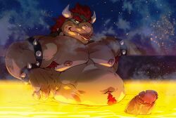 2023 anthro armpit_hair barazoku belly biceps big_muscles big_penis blep body_hair bowser bowser_day bracelet collar erection eyebrows genitals hair happy_trail hi_res horn huge_muscles humanoid_genitalia humanoid_penis jewelry koopa kumammoto_(artist) lava lava_bath looking_at_viewer male male_only mario_(series) musclegut muscular muscular_anthro muscular_male navel night nintendo nipples non-mammal_nipples nude outside partially_submerged pecs penis presenting presenting_penis pubes relaxing reptile scalie seductive serratus sitting skinny_dipping sky smile smoke solo spiked_armband spiked_bracelet spiked_collar spikes teeth tongue tongue_out vein