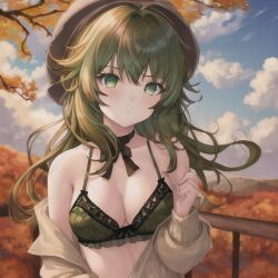 ai_generated autumn flashing forest green_eyes green_hair green_lingerie hat hi_res lingerie long_hair necklace original original_character small_breasts smug tagme tagme_(artist) user_lovespike