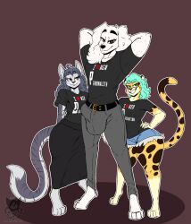 absurd_res anthro batartcave bottomwear bulge canid canine clothing felid female fur genital_outline group hi_res larger_male male mammal pantherine pants penis_outline shirt size_difference smaller_female spots spotted_body spotted_fur topwear trio