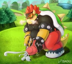 absurd_res animal_genitalia anthro bagu blush bodily_fluids bowser clothed clothing collar detailed_background digital_media_(artwork) genitals golf_course hair hi_res koopa male male_only mario_(series) mario_golf masturbation nintendo penis plant scalie shell solo spiked_penis spikes spikes_(anatomy) tree