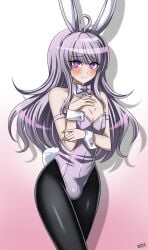 1boy 1femboy ahoge bowtie bulge bunny_costume bunny_ears bunny_tail collar crotch_bulge femboy fishnet_pantyhose izuru_planetes long_hair looking_at_viewer master_detective_archives:_rain_code pantyhose purple_eyes purple_hair smile yuma_kokohead