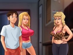 1boy 2d 2girls big_breasts blonde_hair blue_eyes booty_shorts bottomwear bra breasts cameltoe clothed clothing cloud crystal_(summertime_saga) darkcookie digital_drawing_(artwork) digital_media_(artwork) dirty duo ear_piercing earrings female leggings light-skinned_female light-skinned_male light_skin long_hair looking_at_another looking_at_partner main_character_(summertime_saga) male male/female milf panties pants piercing piercings pussy_lips roxxy_(summertime_saga) shirt shorts standing summertime_saga tank_top tanline tanlines thong thong_panties topwear trio underwear