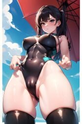 adjusting_clothes ai_generated ai_hands bad_anatomy big_breasts black_bikini black_hair black_mizugi black_swimsuit black_thighhighs blue_eyes cameltoe erect_nipples front_view mizugi nipples nipples_visible_through_clothing poking_breasts pussy_visible_through_clothes pussy_visible_through_swimsuit skindentation sling_bikini slingshot_swimsuit stable_diffusion swimsuit thighhighs thighs viewed_from_below