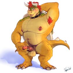 1:1 absurd_res anthro armpit_hair balls belly big_balls blush body_hair bowser bowser_day claws collar erection eyebrows feet genitals hair hi_res horn humanoid_genitalia humanoid_penis koopa male male_only mario_(series) musclegut muscular muscular_anthro nintendo nipple_piercing nipples open_mouth penis piercing red_hair reptile scalie shell simple_background solo spiked_collar spiked_shell spikes spikes_(anatomy) tail teeth thick_thighs vein