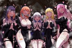 5girls absurdres bare_shoulders blonde_hair blue_eyes blue_hair blunt_bangs blush breasts cleavage closed_mouth earrings feather_earrings feathers garter_straps gawr_gura gradient_hair green_hair grey_hair habit hair_ornament heart heart-shaped_pupils highres hololive hololive_english hololive_myth holomyth hosto jewelry large_breasts long_hair looking_at_viewer mole mole_under_eye monocle_hair_ornament mori_calliope multicolored_hair multiple_girls ninomae_ina'nis nun open_mouth orange_hair own_hands_together pink_eyes pink_hair pointy_ears praying purple_eyes purple_hair red_eyes shark_girl sharp_teeth small_breasts steam streaked_hair sweat symbol-shaped_pupils takanashi_kiara teeth tentacle_hair thighhighs thighs tongue tongue_out trembling two_side_up very_long_hair virtual_youtuber watson_amelia white_thighhighs