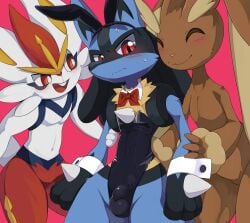 ambiguous_gender anthro arm_grab balls_outline blush bow_tie bulge bunny_costume cinderace closed_eyes clothed clothing costume detailed_bulge embarrassed fake_ears fake_rabbit_ears featureless_crotch generation_4_pokemon generation_8_pokemon genital_outline group hi_res huka lopunny lucario male male/ambiguous nintendo nude pink_background pokemon pokemon_(species) shirt_collar shirt_cuffs simple_background skimpy strapless_leotard tight_clothing trio