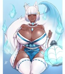 1girls airisubaka ara_ara big_breasts big_chest big_tail blue_fire blue_tip breasts_bigger_than_head child_bearing_hips closed_eyes dark-skinned_female dark_skin esunami_(bakeneko) female female_only fox fox_ears fox_girl fox_tail friendly hand_on_breast kemonomimi kimono kitsune lamp leggings milf mole mole_under_mouth necklace revealing_clothes short_hair sitting small_clothes smile solo thighhighs white_fingernails white_hair white_leggings white_legwear white_tail wide_hips