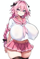 1girls ai_generated arms_behind_back astolfo_(fate) braid fate_(series) female female_only fixed gigantic_breasts hairbow huge_breasts large_ass long_hair looking_at_viewer midriff navel pink_hair purple_eyes ribbons rule_63 sailor_collar school_uniform skirt smirk smug solo streaked_hair thick_thighs thighhighs white_background white_hair wide_hips