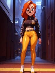 ai_generated anthro brown_eyes canid canine canis disney domestic_dog earrings goof_troop latex_legwear long_hair midriff mole_under_eye navel red_hair roxanne_(goof_troop) smile smiling smiling_at_viewer solo stable_diffusion