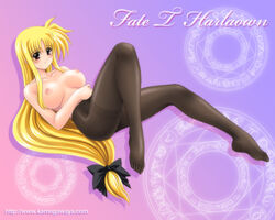 blonde_hair blush bow breasts fate_testarossa hairbow kamogawa_tanuki kamogawaya long_hair low-tied_long_hair lyrical_nanoha magic_circle mahou_shoujo_lyrical_nanoha mahou_shoujo_lyrical_nanoha_strikers no_panties octagram oppai pantyhose red_eyes star_of_lakshmi tights topless very_long_hair wallpaper