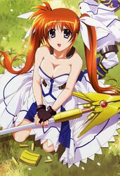 bare_shoulders breasts brown_hair cleavage corset gloves highres long_hair lyrical_nanoha mahou_shoujo_lyrical_nanoha mahou_shoujo_lyrical_nanoha_strikers photoshop purple_eyes raising_heart takamachi_nanoha tied_hair twintails undressing