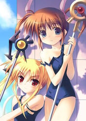 fate_testarossa kouzuki_hajime lyrical_nanoha mahou_shoujo_lyrical_nanoha mizugi one-piece_swimsuit raising_heart school_swimsuit sukumizu swimsuit takamachi_nanoha