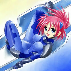 1girls ayato blue_bodysuit blue_eyes bodysuit female jpg looking_at_viewer lyrical_nanoha mahou_shoujo_lyrical_nanoha mahou_shoujo_lyrical_nanoha_strikers numbers numbers_(nanoha) red_hair smile solo wendi