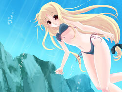 bikini blonde_hair blush fate_testarossa frapowa high_res highres long_hair low-tied_long_hair lyrical_nanoha mahou_shoujo_lyrical_nanoha mahou_shoujo_lyrical_nanoha_strikers mizugi red_eyes side-tie_bikini solo swimming swimsuit underwater very_long_hair wallpaper water