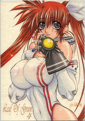 breasts brown_hair cover cover_page doujinshi gloves high_res highres impossible_clothes impossible_clothing impossible_shirt long_hair lyrical_nanoha mahou_shoujo_lyrical_nanoha mahou_shoujo_lyrical_nanoha_strikers nipples oppai power_slide purple_eyes shirt takamachi_nanoha tied_hair twintails