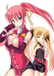 breasts cleavage duplicate fate_testarossa lyrical_nanoha mahou_shoujo_lyrical_nanoha mahou_shoujo_lyrical_nanoha_a's multiple_girls signum soba_(saz) tied_hair twintails