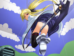 1girls 2d ass bardiche blonde_hair fate_testarossa lyrical_nanoha mahou_shoujo_lyrical_nanoha mahou_shoujo_lyrical_nanoha_strikers panchira panties pantyshot solo thighhighs underwear