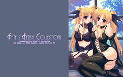 2girls black_thighhighs blonde_hair boots bow bra bustier choker collar corset elbow_gloves fate_testarossa garter_belt garter_straps garters genshi gloves hairbow high_res highres lace laces latex latex_boots latex_gloves lingerie long_hair lyrical_nanoha mahou_shoujo_lyrical_nanoha mahou_shoujo_lyrical_nanoha_strikers multiple_girls thigh_boots thighhighs tied_hair twintails underwear wallpaper