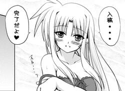 blush fate_testarossa johnny_(artist) johnny_(from_scratch) lingerie lyrical_nanoha mahou_shoujo_lyrical_nanoha mahou_shoujo_lyrical_nanoha_strikers monochrome solo underwear