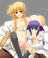 blush breasts fate_testarossa ginga_nakajima green_hair guatemala_(artist) long_hair lyrical_nanoha mahou_shoujo_lyrical_nanoha mahou_shoujo_lyrical_nanoha_strikers open_clothes open_shirt oppai panties purple_hair red_eyes shirt thighhighs underwear undressing