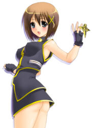 ass blue_eyes blush brown_hair female fingerless_gloves gloves hayate_yagami human kakogawa_tarou lyrical_nanoha mahou_shoujo_lyrical_nanoha mahou_shoujo_lyrical_nanoha_strikers miniskirt schwertkreuz short_hair skirt smile