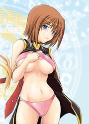 bra bra_lift breasts brown_hair female hayate_yagami human lingerie lyrical_nanoha magic_circle mahou_shoujo_lyrical_nanoha navel oppai panties pink_panties shirt_lift shitapai short_hair soba_(artist) soba_(saz) underboob underwear