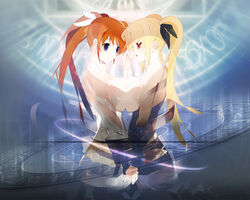 breasts fate_testarossa female lyrical_nanoha magic_circle mahou_shoujo_lyrical_nanoha mahou_shoujo_lyrical_nanoha_strikers multiple_girls sayappa symmetrical_docking takamachi_nanoha topless wallpaper yuri