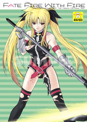 1girls alpine bardiche blonde_hair blood breasts doujinshi energy_blade engrish fate_testarossa female gauntlets long_hair lyrical_nanoha mahou_shoujo_lyrical_nanoha mahou_shoujo_lyrical_nanoha_strikers nipples oppai pubic_hair pun ranguage red_eyes scythe solo thighhighs tied_hair torn_clothes twintails