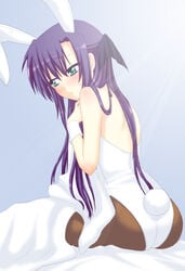 aqua_eyes ass back bed bed_sheet blush bunny_ear bunny_tail bunnysuit ginga_nakajima hair_ribbon long_hair lyrical_nanoha mahou_shoujo_lyrical_nanoha mahou_shoujo_lyrical_nanoha_strikers pantyhose purple_hair ribbon saki_chisuzu sakichi_suzu sitting solo tail