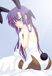 aqua_eyes ass back bed bed_sheet blush bunny_ear bunny_tail bunnysuit ginga_nakajima hair_ribbon long_hair lyrical_nanoha mahou_shoujo_lyrical_nanoha mahou_shoujo_lyrical_nanoha_strikers pantyhose purple_hair ribbon saki_chisuzu sakichi_suzu sitting solo tail