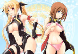 blonde_hair blue_eyes blush bra bra_pull breasts brown_hair doujinshi fate_testarossa female fingerless_gloves gloves hayate_yagami highleg highleg_panties human large_breasts lingerie long_hair lyrical_nanoha magic_circle mahou_shoujo_lyrical_nanoha mahou_shoujo_lyrical_nanoha_strikers navel oppai panties pink_panties red_eyes shirt_lift shitapai short_hair soba_(artist) soba_(saz) thighhighs tied_hair twintails underboob underwear undressing very_long_hair