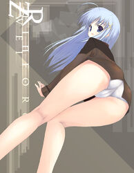 ahoge all_fours ass blue_hair cameltoe from_behind hair_ornament hairclip kagutsuchi_(artist) kagutsuchi_(l'archange) kneepits legs long_hair looking_back lyrical_nanoha mahou_shoujo_lyrical_nanoha mahou_shoujo_lyrical_nanoha_strikers open_mouth panchira panties reinforce_zwei solo underwear white_panties