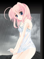 blue_eyes blue_panties bra breasts camisole caro_ru_lushe cleavage frapowa lingerie lyrical_nanoha mahou_shoujo_lyrical_nanoha mahou_shoujo_lyrical_nanoha_strikers oppai panties pink_hair rain see-through strap_slip underwear wet wet_clothes